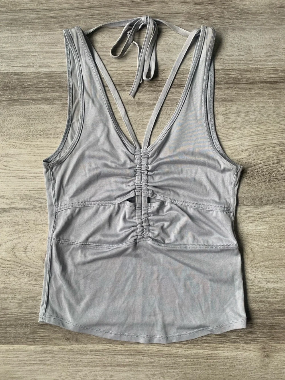 Free People Sugar Tank Top Strappy Keyhole Ruched Cami gray /silver XS